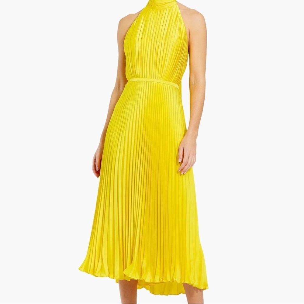 Anthropologie Mac Duggal Yellow Pleated Halter Midi Dress 12 Wedding Guest Event - Picture 5 of 10